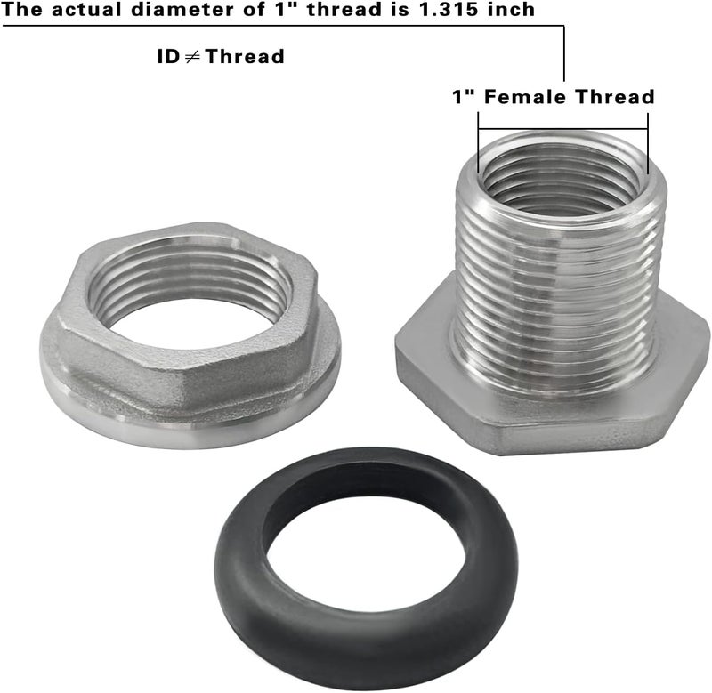 Fitvell 304 Stainless Steel Bulkhead Water Tank Fitting 1" Female Thread Compression Bulkhead Adapter Thru-bulk Connector with Gasket for Bathtub and Sink 2PCS - Image 3